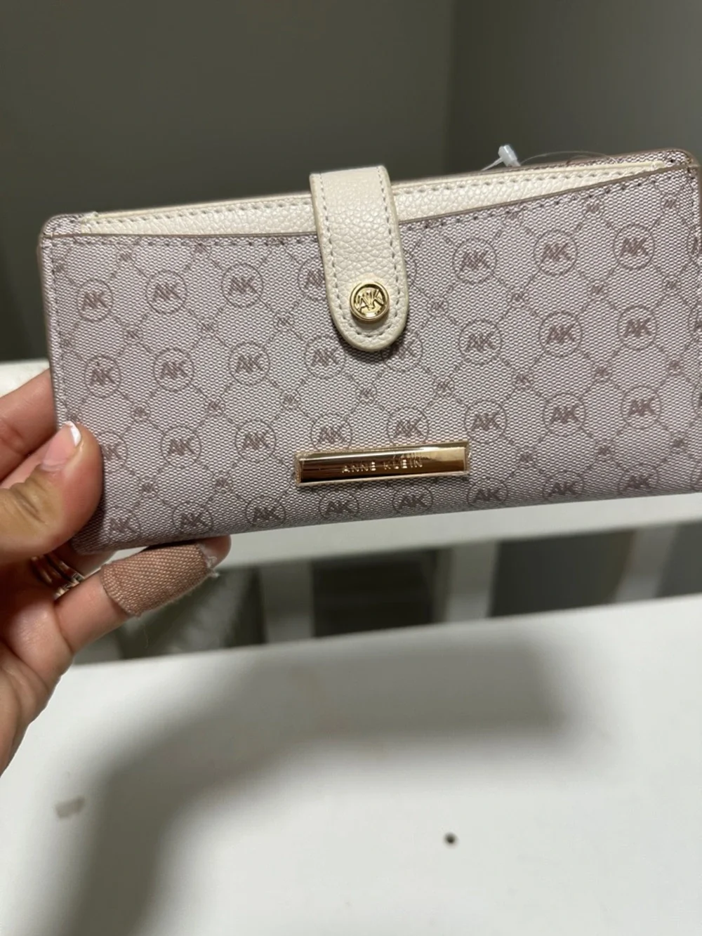 Anne Klein Cream & Light Pink Signature Continental Wallet with Gold Accent